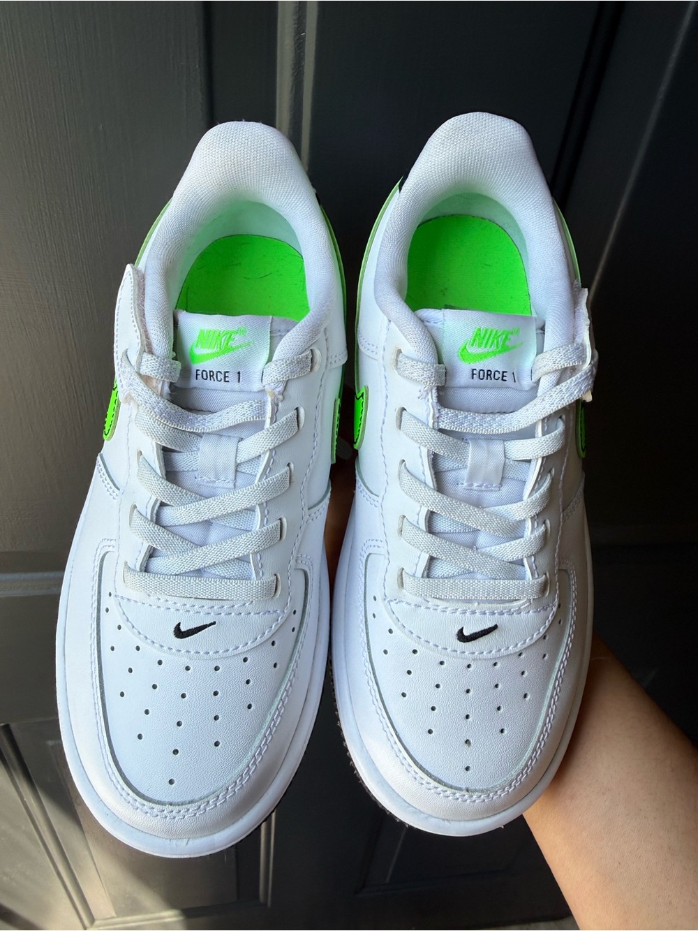 Nike Kids Force 1 Sneakers in White with Neon Green Accents